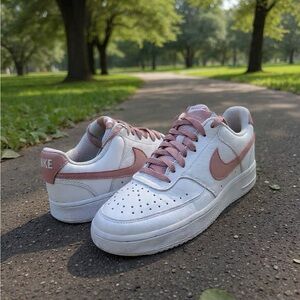 Nike Women’s White Sneakers with Dusty Pink Swoosh